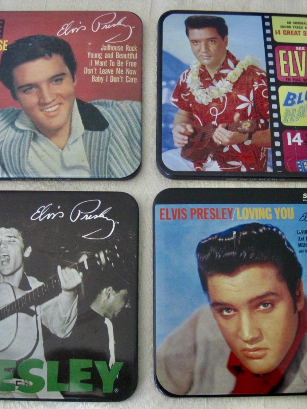 Vintage 60's Elvis Presley, Vinyl & Cork Drink Glass Coasters, Chrome Wire Caddy